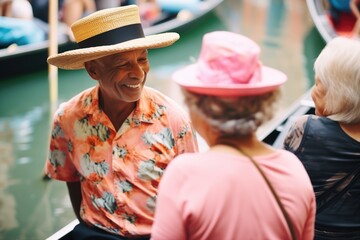 gondolier chatting with tourists on gondola - obrazy, fototapety, plakaty