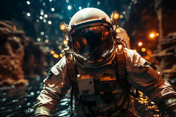 Fototapeta premium An astronaut underwater. Sci-fi astronaut concept. Bokeh background. Blurred style. Generated AI