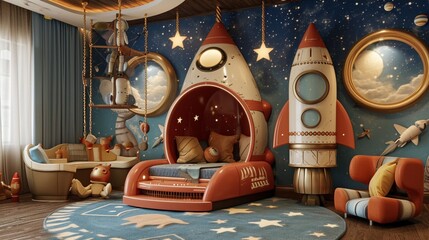  kids' room into a whimsical outer space playground, complete with rocket ship swings, alien friends, and a galaxy of imagination.