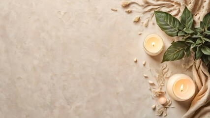 Candles, dried flowers, plante and fabric on a beige textured background. Beige background for product presentation or text.
