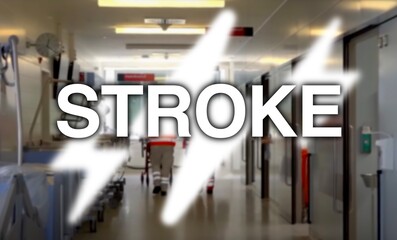 Stroke lettering, in the background a corridor in the hospital with beds, lights and a team of...