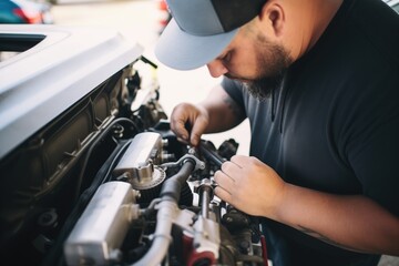 Obraz premium mechanic fitting a new timing belt on engine
