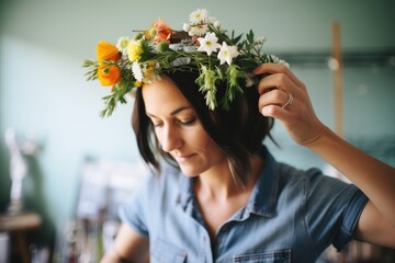 crafting a floral headdress with fresh flowers