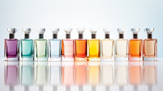 a spectrum of perfumes in an array of vibrant colors, their bottles arranged in a visually pleasing pattern against the pure white backdrop, creating a scene of elegance and allure, 