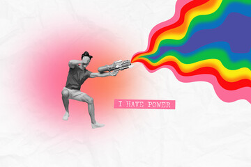 Poster collage image of funky crazy cheerful man i have power laser gun multicolor rainbow isolated on colorful background