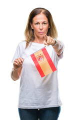 Middle age hispanic woman holding flag of Spain over isolated background pointing with finger to the camera and to you, hand sign, positive and confident gesture from the front