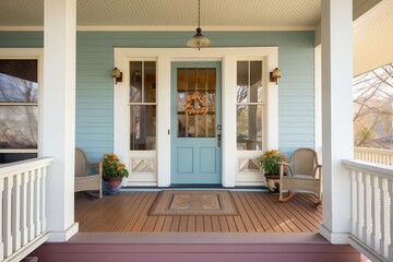 wooden central door, classic colonial, wraparound porch