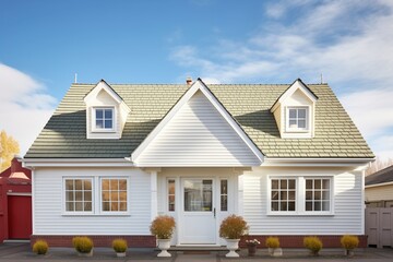 white georgian with a hip roof, dormer windows, sunny day