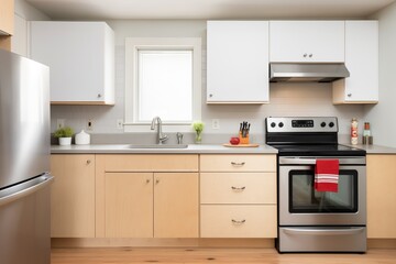 Fototapeta premium minimalist kitchen in a saltbox house with stainless appliances