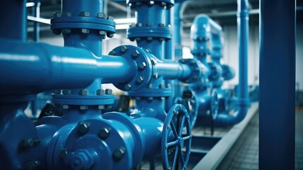 Water pump valves in power substations to supply clean water in large industrial estates. Water pipes and fittings. - obrazy, fototapety, plakaty