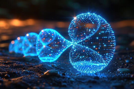 A group of glowing balls sitting on top of a sandy ground.