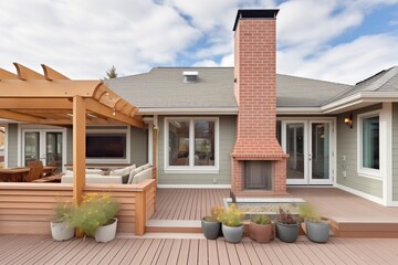 modern prairie house with brick chimney and wooden deck - obrazy, fototapety, plakaty