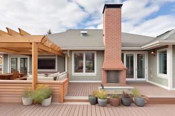 Foto op Plexiglas modern prairie house with brick chimney and wooden deck © studioworkstock