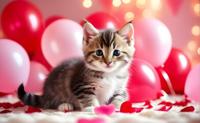 Kitten sitting amidst a sea of pink and red heart-shaped balloons, rose petals scattered around, romantic atmosphere, detailed texture of the cat's fur. Generative AI