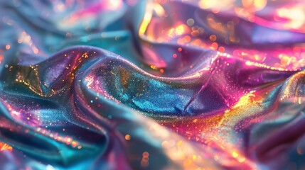 Iridescent fabric waves with vibrant colors and soft texture. Holographic fabric, shimmering texture. - obrazy, fototapety, plakaty