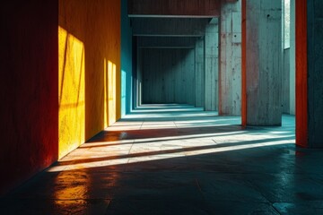 Sunlight casting vibrant shadows in a colorful, geometric corridor