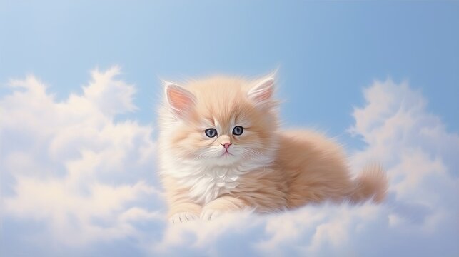 Funny red cat on white cloud, blue sky - neon watercolors banner with copy space