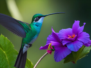 Fototapeta premium Un hermoso colibrí junto a una flor hibiscus. Vista de frente y de cerca. Copy space. IA Generativa