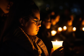 Candlelight vigil in a community park - with people holding candles - sharing memories and honoring the lives of those they've lost. - obrazy, fototapety, plakaty