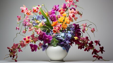 a thriving orchid in a lively, colorful vase, its exquisite blossoms radiating with elegance and grace, the vivid colors against the white backdrop 