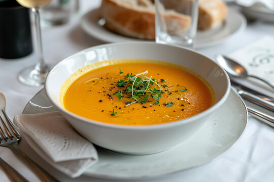 carrot, pumpkin creamy soup in white dishes