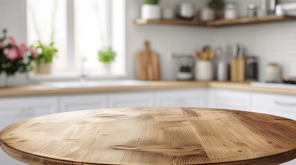 Empty beautiful round wood tabletop counter on interior in clean and bright kitchen background
