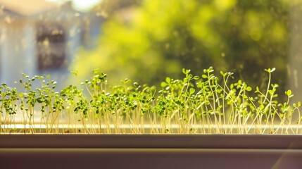 A close up of a window sill with a bunch of sprouts.