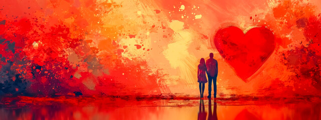 couple's silhouette against a vivid backdrop of orange and red hues, with a large heart symbol dominating the composition, symbolizing romance and love.