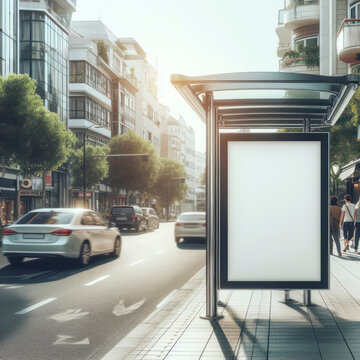 Blank white mockup of bus stop billboard in empty Caddebostan street. ai generative