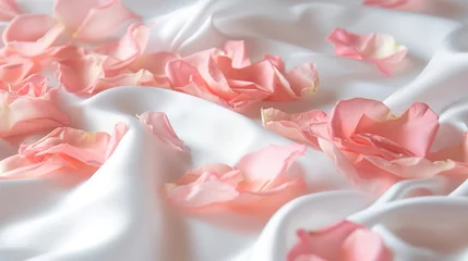 Fotobehang Delicate pink rose petals on white satin sheets. © Karolis