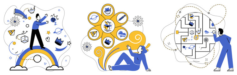 Advanced idea vector illustration. In garden progress, advanced idea is ever-blossoming flower success Strategy is compass steering ship business toward advanced horizons The advanced idea is melody