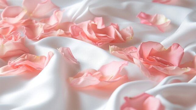 Delicate pink rose petals on white satin sheets.