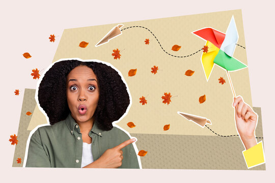 Collage 3d image sketch of autumn season fall leaves girl point paper windmill weird freak bizarre unusual fantasy billboard comics