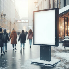 display blank clean screen mockup for offers in public area with blured people walking winter background. ai generative - obrazy, fototapety, plakaty