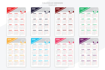 Calendar planner vector bundle design 2024, 2025, 2026, 2027, 2028, 2029, 2030 years template. colorful print design.