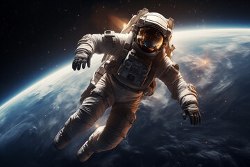 An astronaut floating in space, with a view of Earth in the background. Astronaut in outer space over the planet Earth. Generated AI.