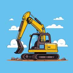 Mini excavator. Heavy equipment vehicle color vector illustration.