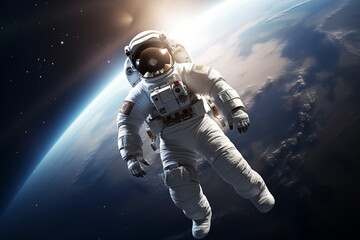 Fototapeta premium An astronaut floating in space, with a view of Earth in the background. Astronaut in outer space over the planet Earth. Generated AI.