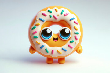 Obraz premium little cute happy donut 3d character with bulging eyes on solid white background. ai generative