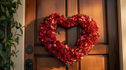 Close-up of heart-shaped rose petal wreath on front porch.