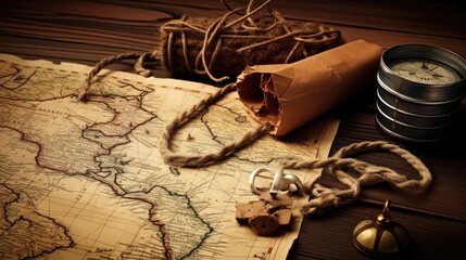 Fototapeta premium Vintage Compass and camera on map for travel planning