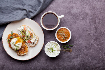 Healthy food - Low-Carb Cuisine sandwiches with zucchini spread and yogurt, egg, salmon, coffee cup. Low in calories, FODMAP, KETO diet, superfood. Copy space