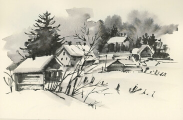 Fototapeta na wymiar Winter landscape with a small village. Monochrome illustration.