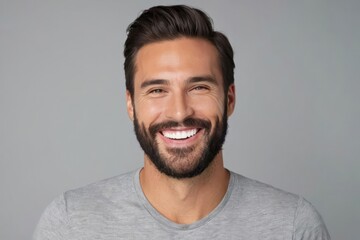 Fototapeta premium Portrait smiling brutal bearded man with white teeth, healthy hair and skin. Concept of studio shot of advertising a dentist and facial care. Generative AI