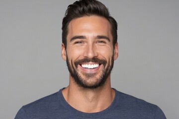 Portrait smiling brutal bearded man with white teeth, healthy hair and skin. Concept of studio shot...