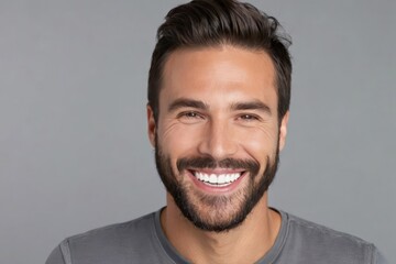 Fototapeta premium Portrait smiling brutal bearded man with white teeth, healthy hair and skin. Concept of studio shot of advertising a dentist and facial care. Generative AI