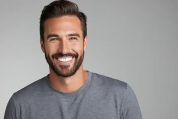 Portrait smiling brutal bearded man with white teeth, healthy hair and skin. Concept of studio shot of advertising a dentist and facial care. Generative AI