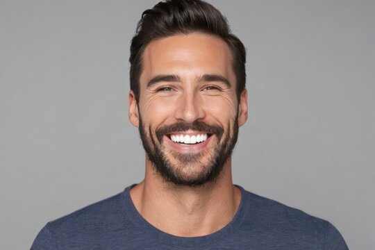 Portrait smiling brutal bearded man with white teeth, healthy hair and skin. Concept of studio shot of advertising a dentist and facial care. Generative AI
