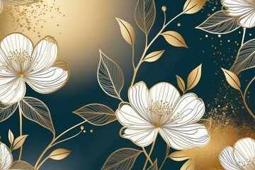 Fototapeta na wymiar Elegant hand-drawn golden flowers and twigs on an abstract dark background.