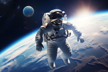 An astronaut floating in space, with a view of Earth in the background. Astronaut in outer space over the planet Earth. Generated AI.
